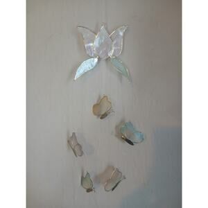 Vintage Capiz Shell Suncatcher Lotus Butterflies Flowers Great Colors In Sun